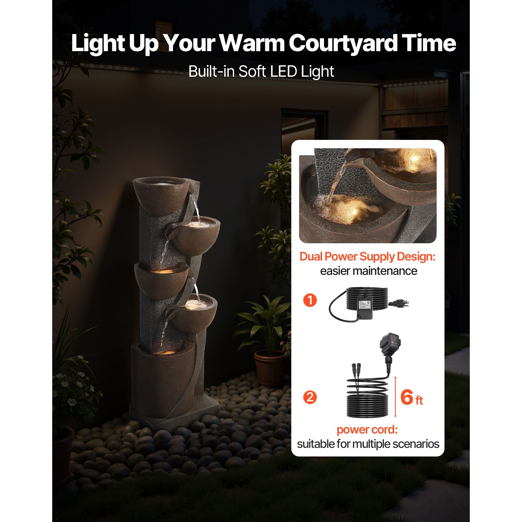 Outdoor Water Fountain, 49.61 in Height Fountain and Waterfall, 5-Tier Floor Standing Jar-Shaped Cascading Fountains with LED Light and Pump, for Outdoor Indoor Garden, Home, Patio & Backyard