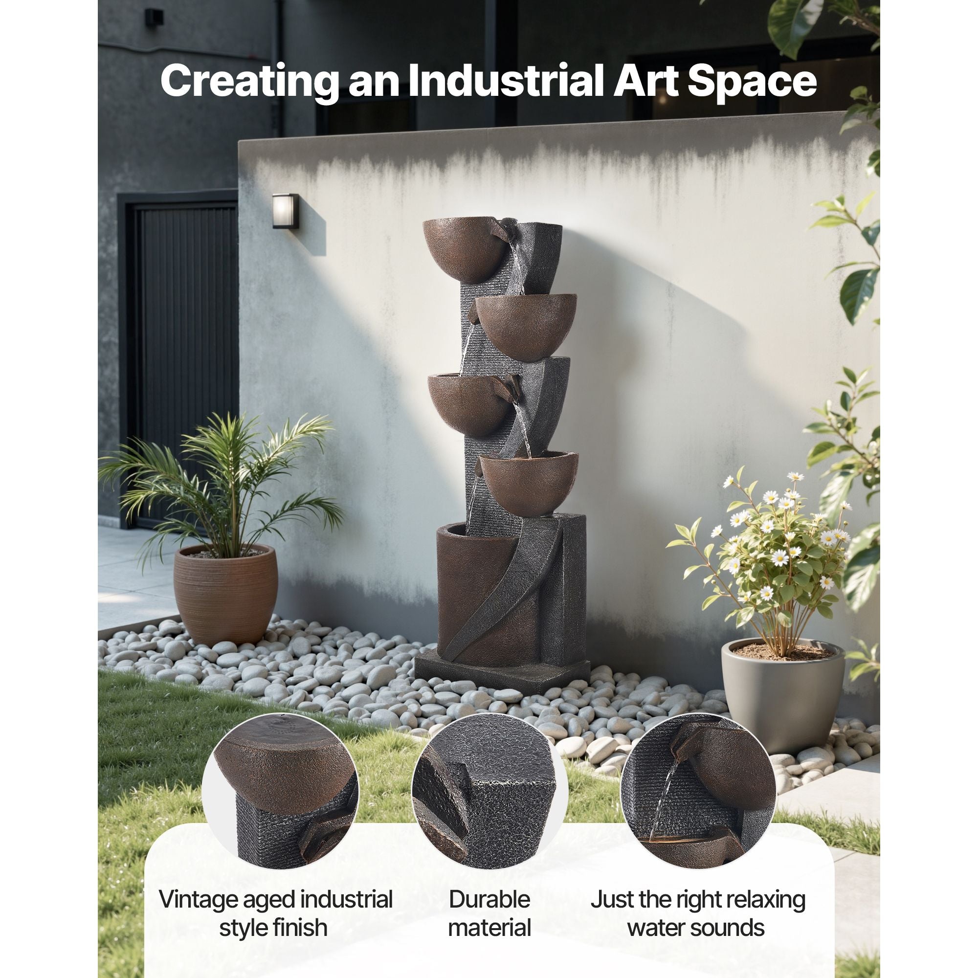 Outdoor Water Fountain, 49.61 in Height Fountain and Waterfall, 5-Tier Floor Standing Jar-Shaped Cascading Fountains with LED Light and Pump, for Outdoor Indoor Garden, Home, Patio & Backyard