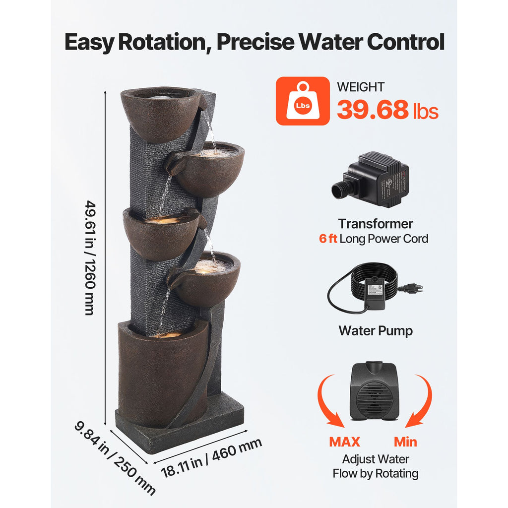 Outdoor Water Fountain, 49.61 in Height Fountain and Waterfall, 5-Tier Floor Standing Jar-Shaped Cascading Fountains with LED Light and Pump, for Outdoor Indoor Garden, Home, Patio & Backyard