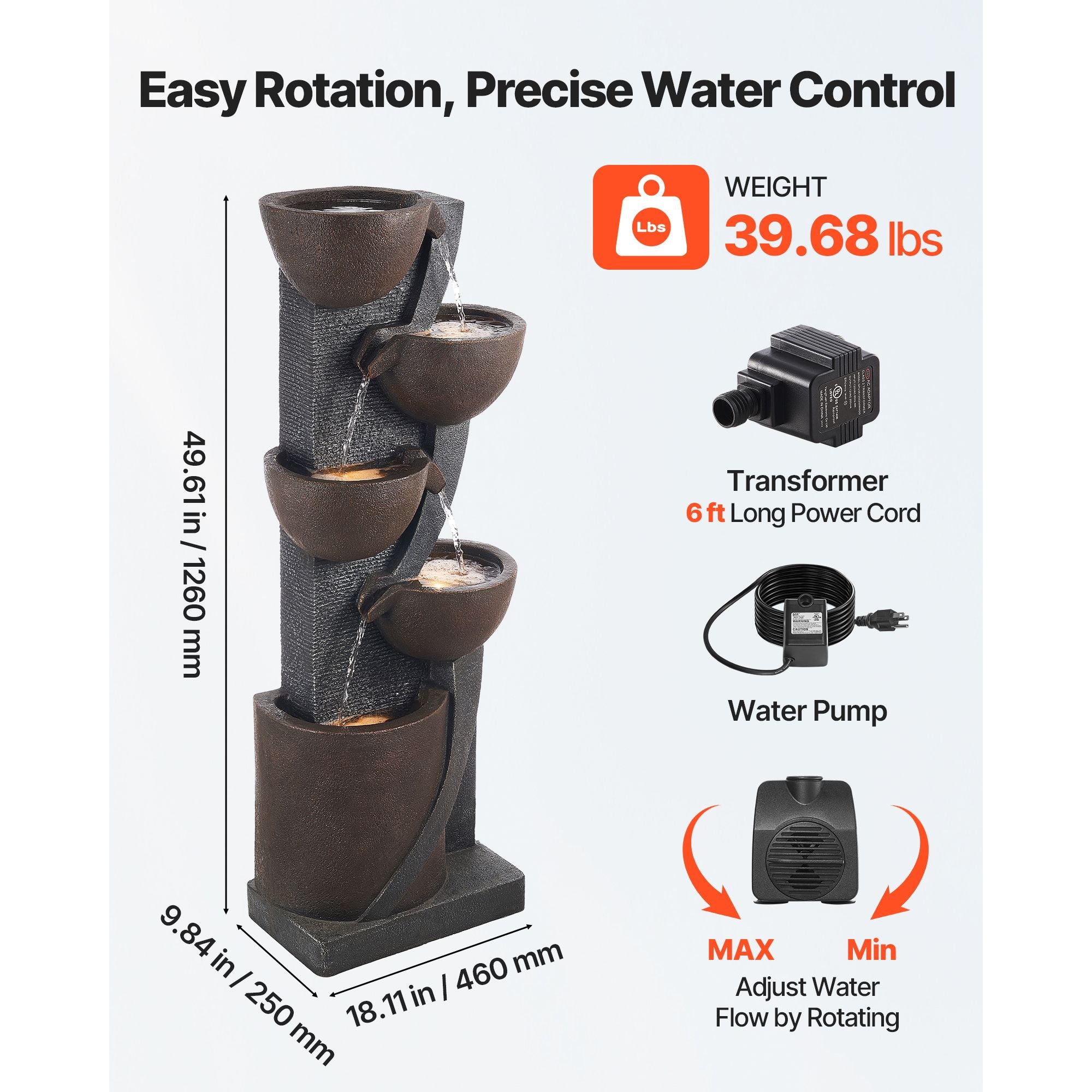 Outdoor Water Fountain, 49.61 in Height Fountain and Waterfall, 5-Tier Floor Standing Jar-Shaped Cascading Fountains with LED Light and Pump, for Outdoor Indoor Garden, Home, Patio & Backyard
