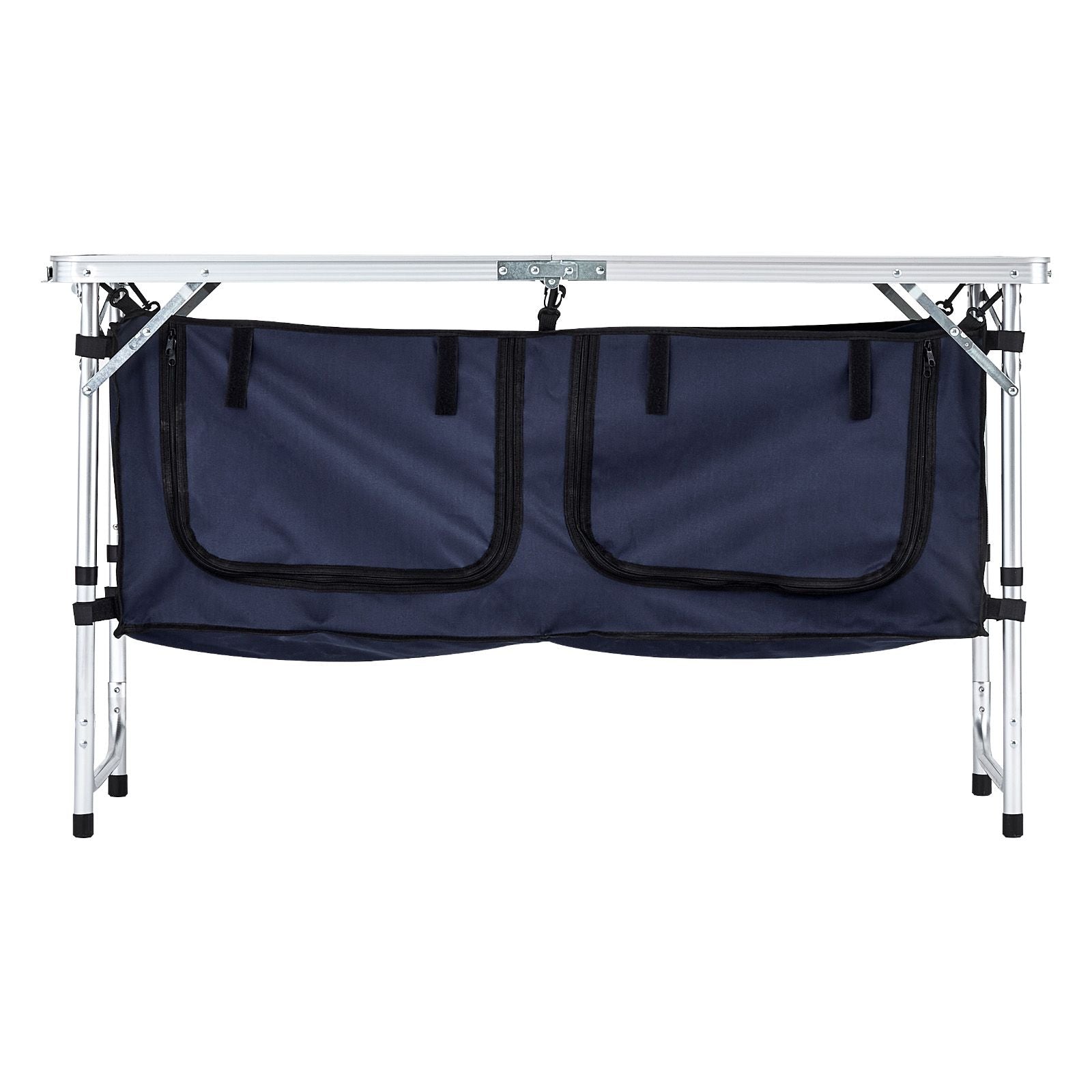 Camping Kitchen Table, Folding Outdoor Cooking Table, 3 Adjustable Height, Aluminum Lightweight Portable Cook Station with Storage Organizer, Carry Handle, for BBQ Party Picnic RV Travel, Blue