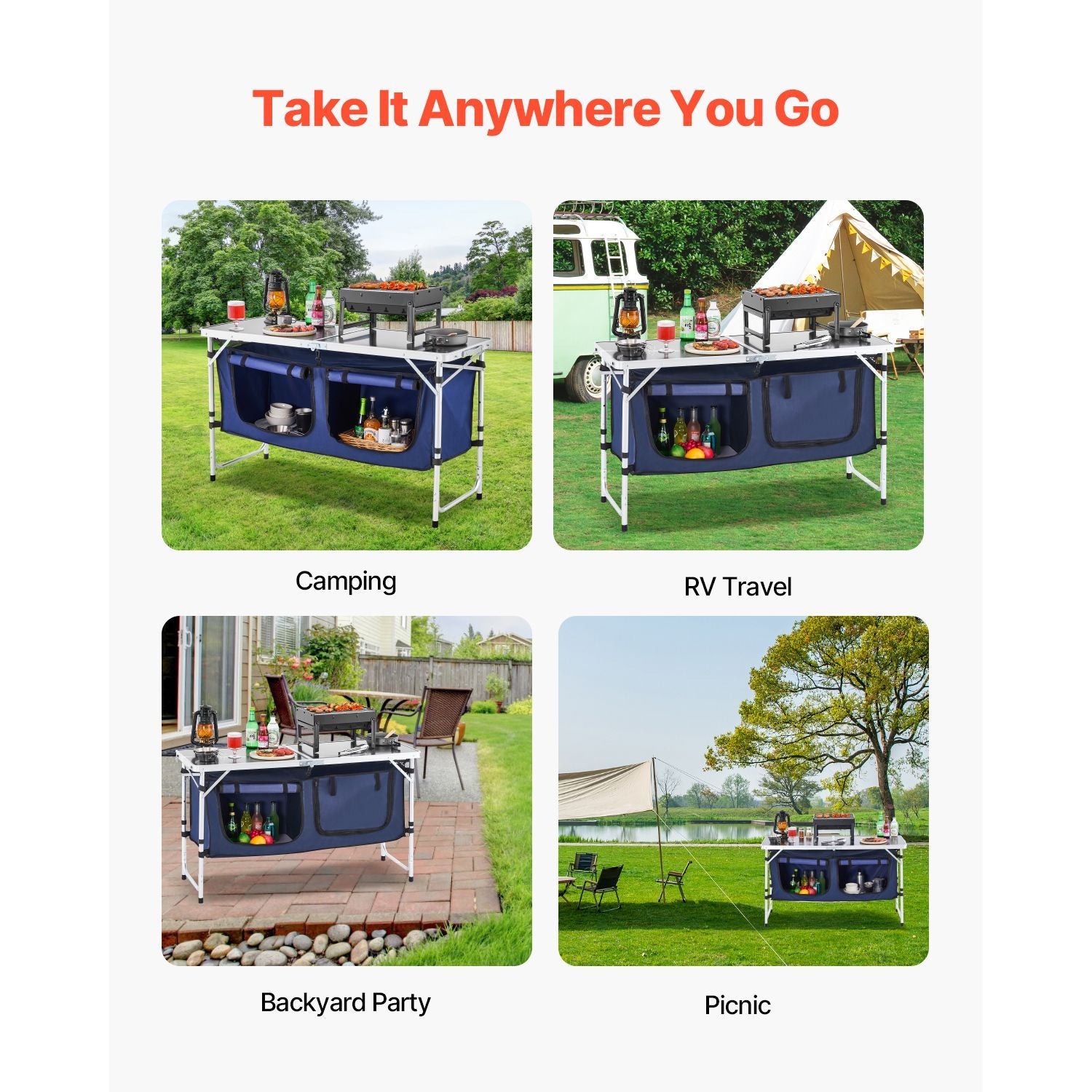 Camping Kitchen Table, Folding Outdoor Cooking Table, 3 Adjustable Height, Aluminum Lightweight Portable Cook Station with Storage Organizer, Carry Handle, for BBQ Party Picnic RV Travel, Blue