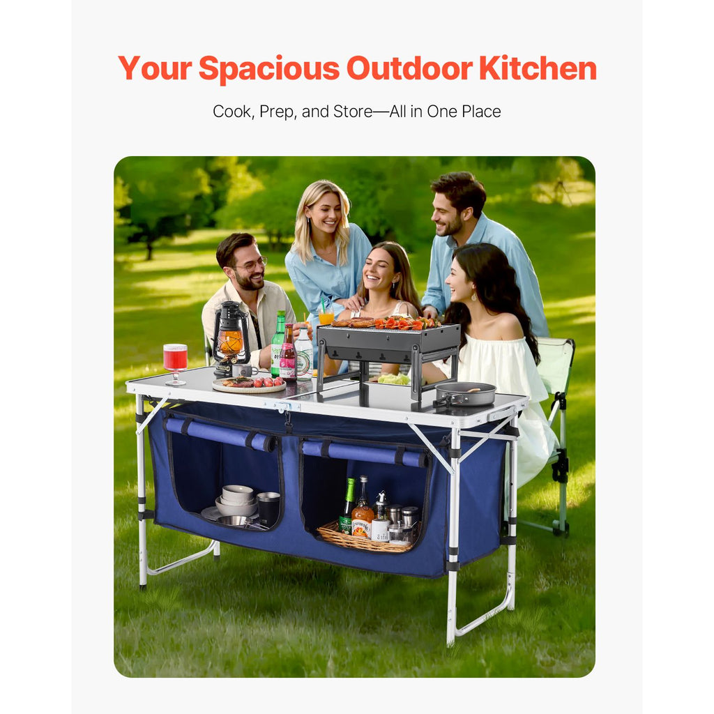 Camping Kitchen Table, Folding Outdoor Cooking Table, 3 Adjustable Height, Aluminum Lightweight Portable Cook Station with Storage Organizer, Carry Handle, for BBQ Party Picnic RV Travel, Blue