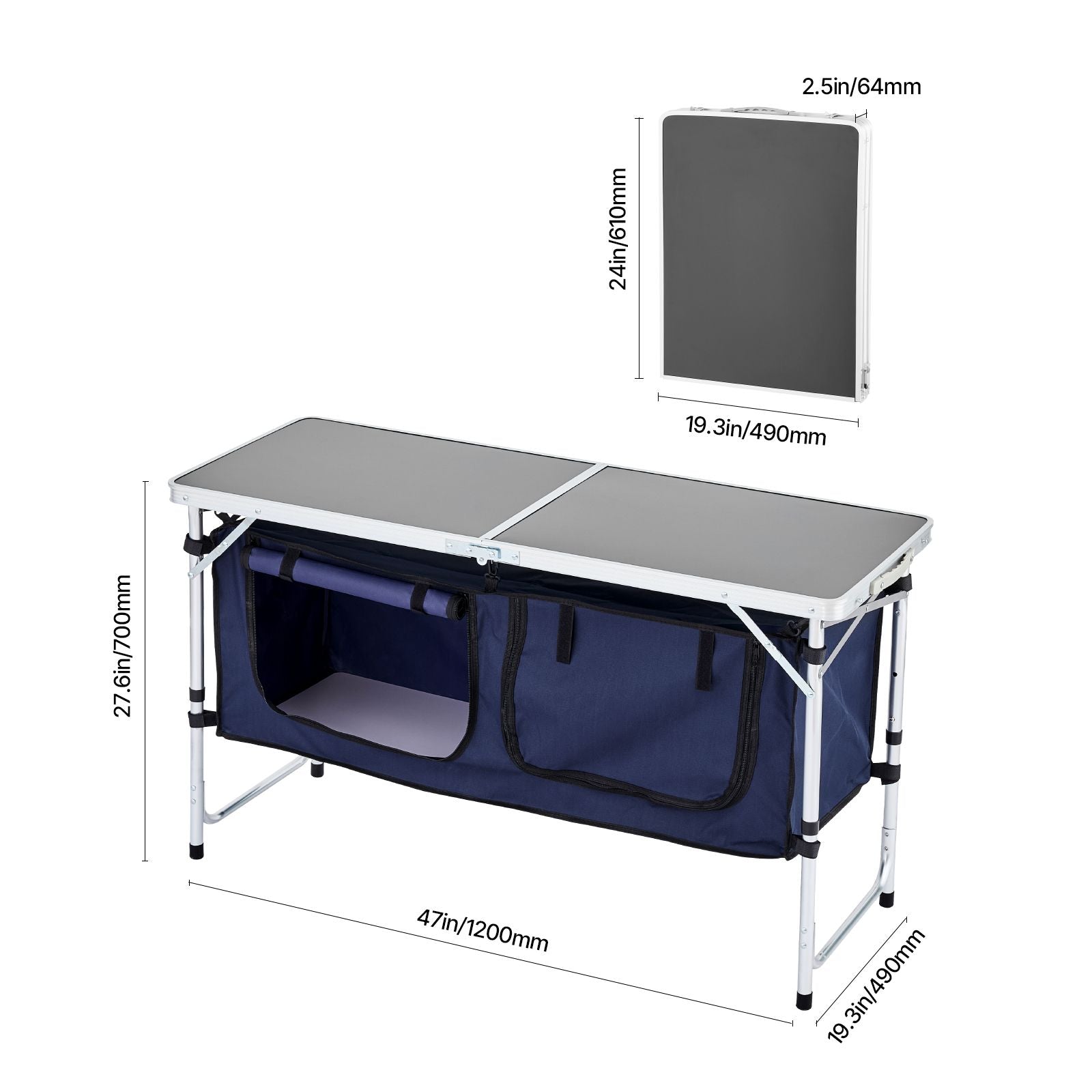 Camping Kitchen Table, Folding Outdoor Cooking Table, 3 Adjustable Height, Aluminum Lightweight Portable Cook Station with Storage Organizer, Carry Handle, for BBQ Party Picnic RV Travel, Blue