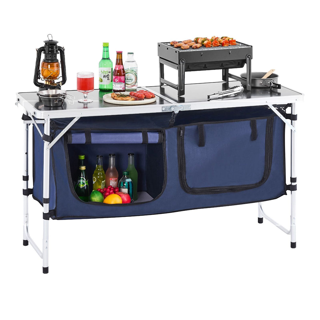 Camping Kitchen Table, Folding Outdoor Cooking Table, 3 Adjustable Height, Aluminum Lightweight Portable Cook Station with Storage Organizer, Carry Handle, for BBQ Party Picnic RV Travel, Blue