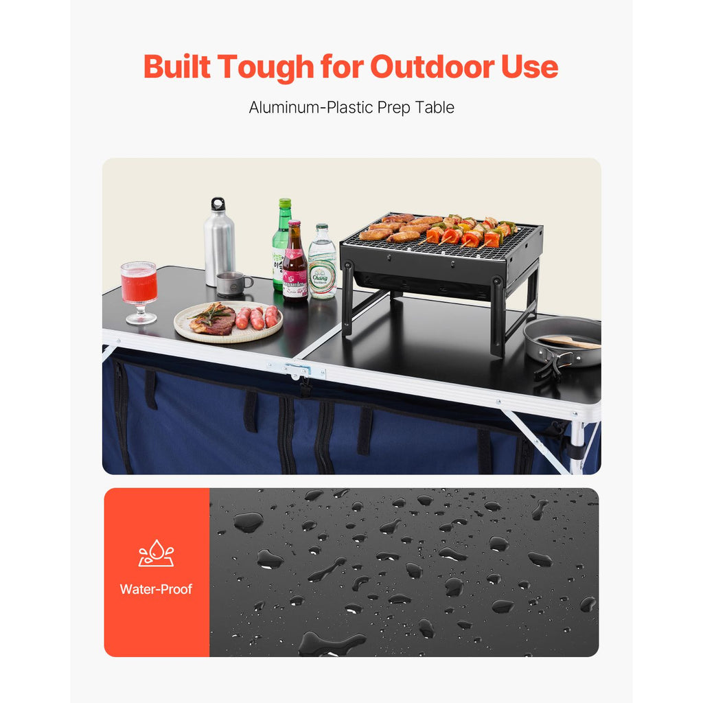 Camping Kitchen Table, Folding Outdoor Cooking Table, 3 Adjustable Height, Aluminum Lightweight Portable Cook Station with Storage Organizer, Carry Handle, for BBQ Party Picnic RV Travel, Blue