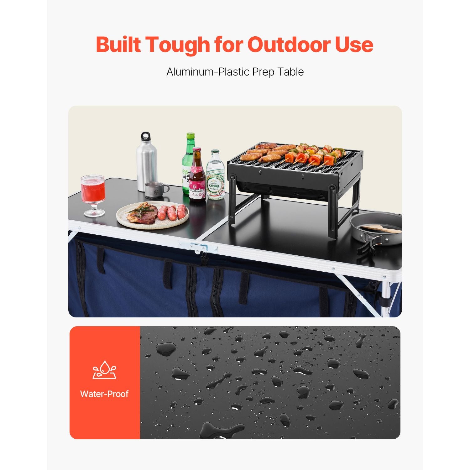 Camping Kitchen Table, Folding Outdoor Cooking Table, 3 Adjustable Height, Aluminum Lightweight Portable Cook Station with Storage Organizer, Carry Handle, for BBQ Party Picnic RV Travel, Blue