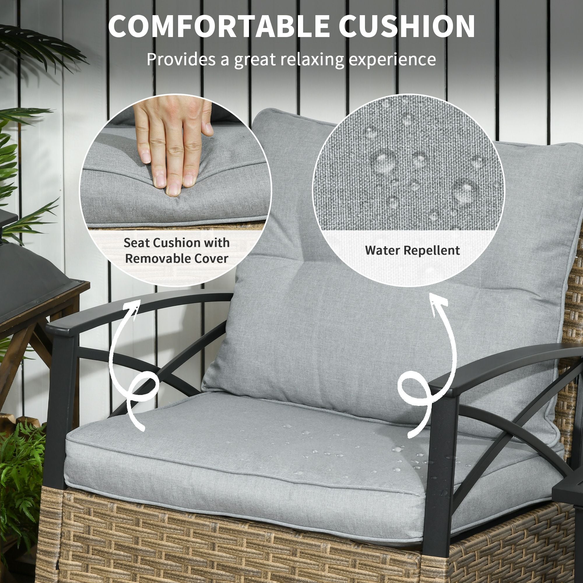 Rocking Bistro Set 3PC Wicker Outdoor Furniture with Rocker Chairs Cushions Coffee Table Light Grey