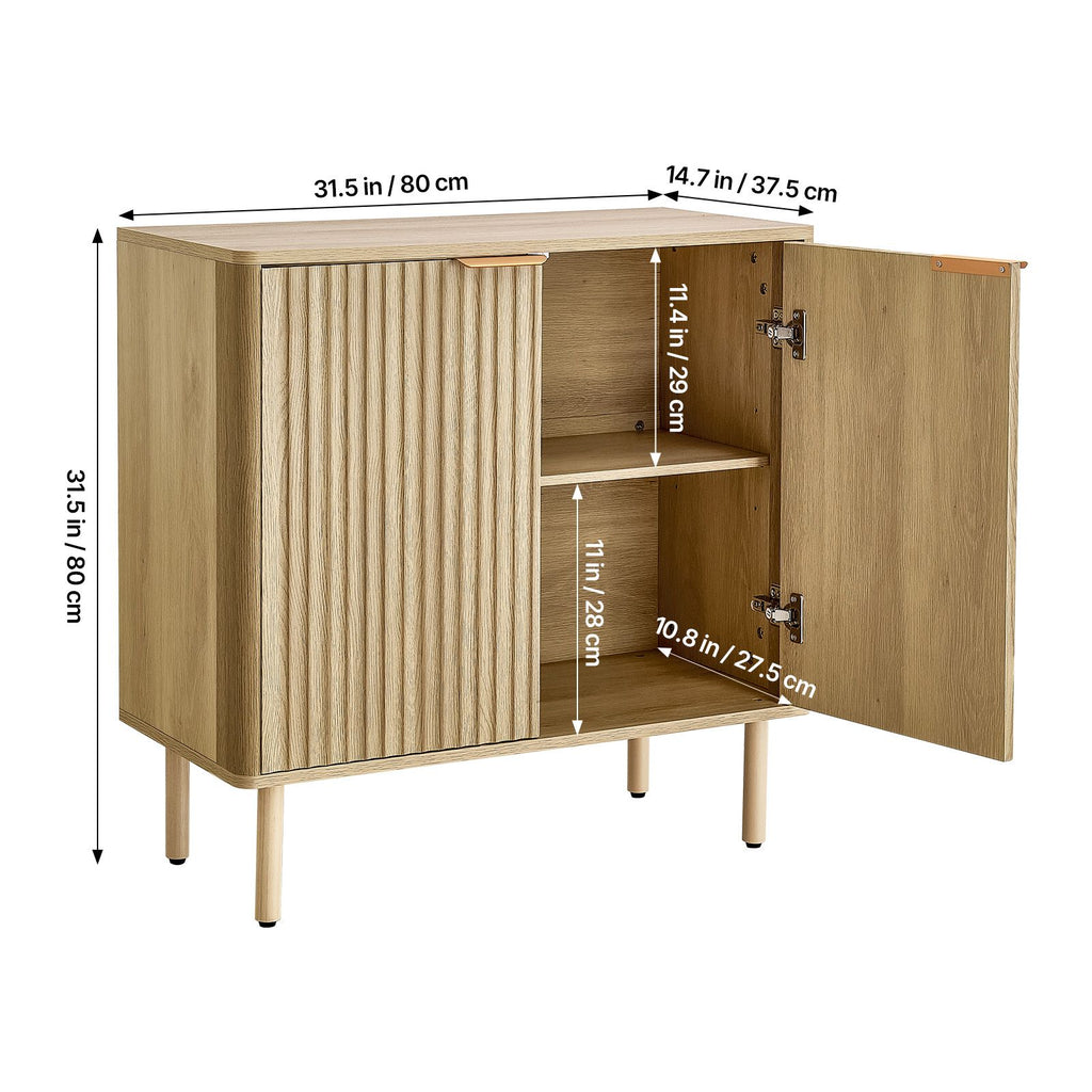 Coffee Bar Cabinet, Mid Century Fluted Coffee Bar Table with 2-Tier Storage, Buffet Stand Cabinet with 2 Barn Door, Sideboard Buffet Station for Living Room, Entryway, 31.5 x 14.7 x 31.5 in, Oak