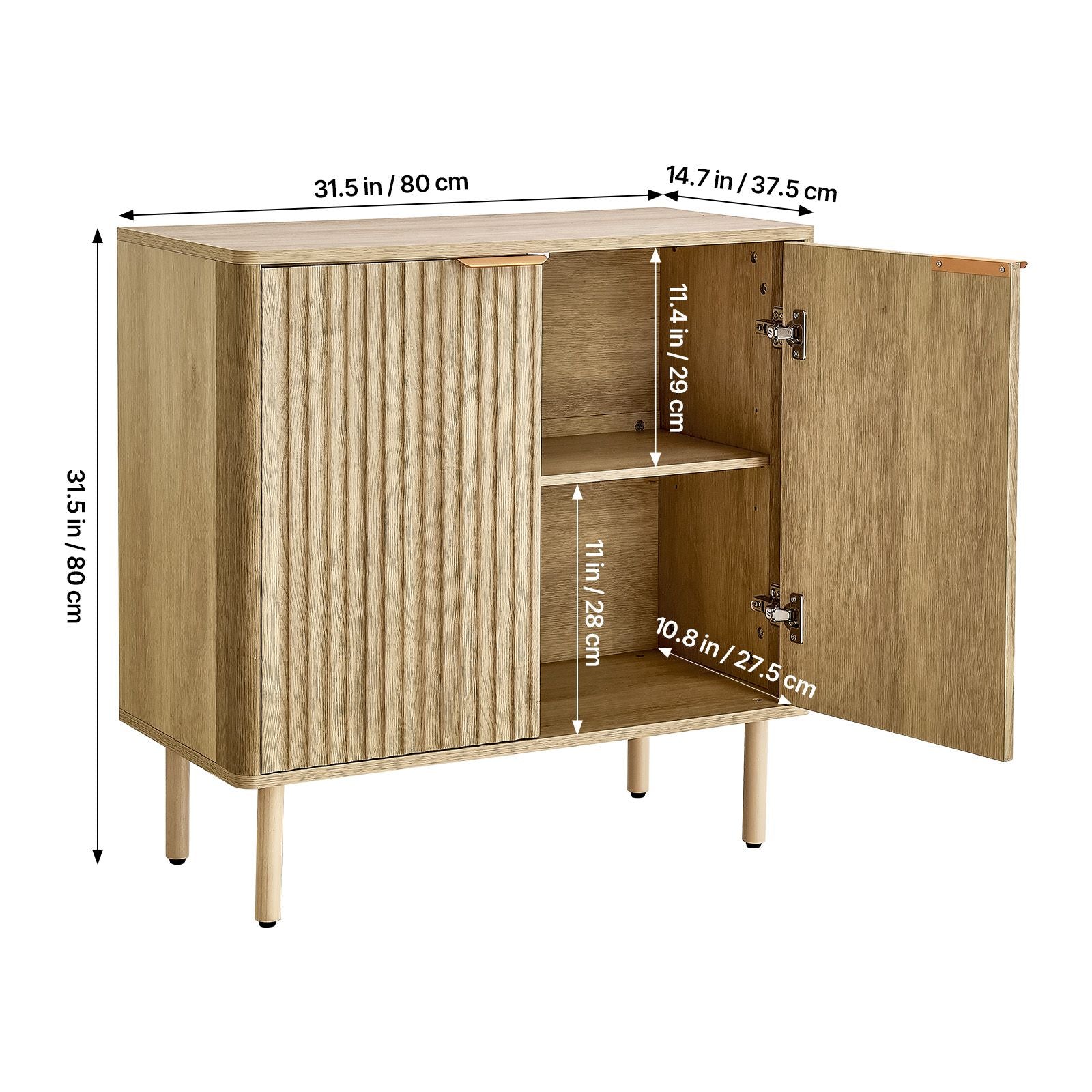 Coffee Bar Cabinet, Mid Century Fluted Coffee Bar Table with 2-Tier Storage, Buffet Stand Cabinet with 2 Barn Door, Sideboard Buffet Station for Living Room, Entryway, 31.5 x 14.7 x 31.5 in, Oak