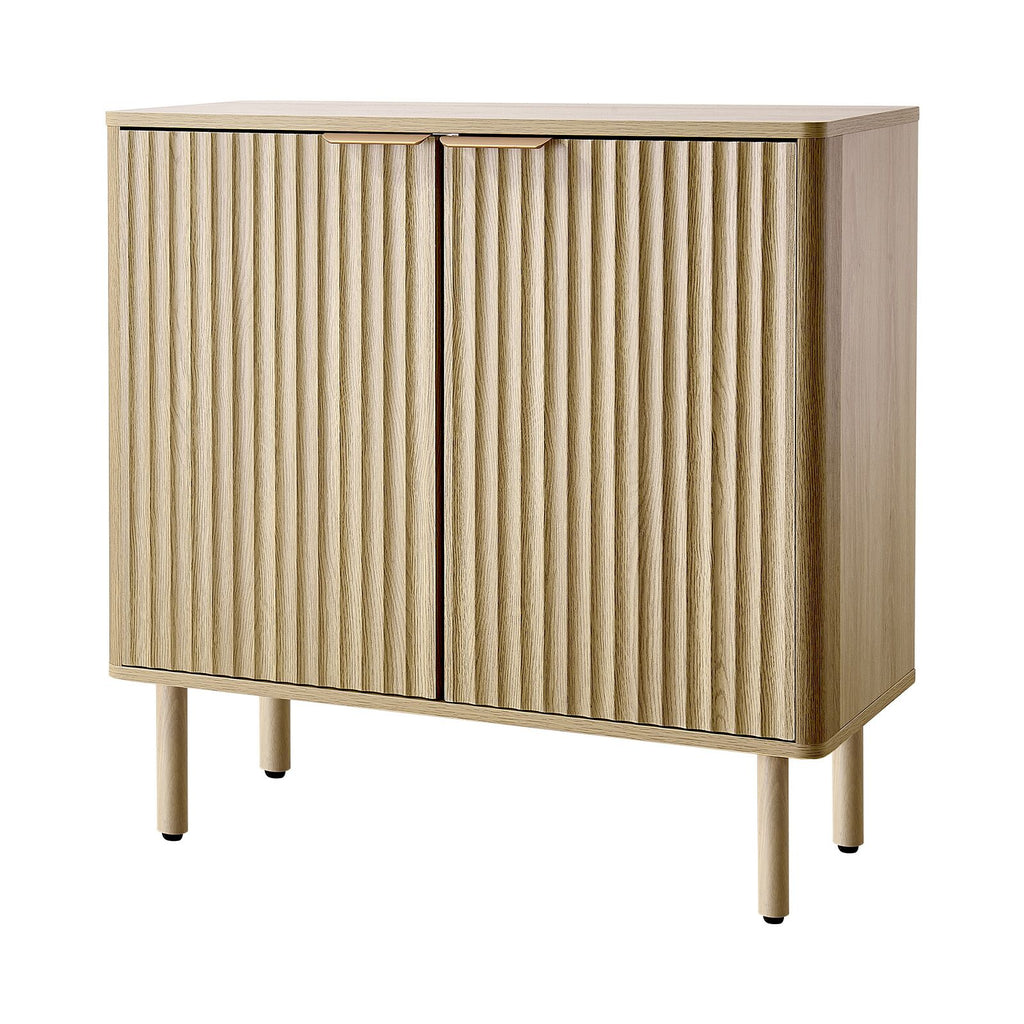 Coffee Bar Cabinet, Mid Century Fluted Coffee Bar Table with 2-Tier Storage, Buffet Stand Cabinet with 2 Barn Door, Sideboard Buffet Station for Living Room, Entryway, 31.5 x 14.7 x 31.5 in, Oak