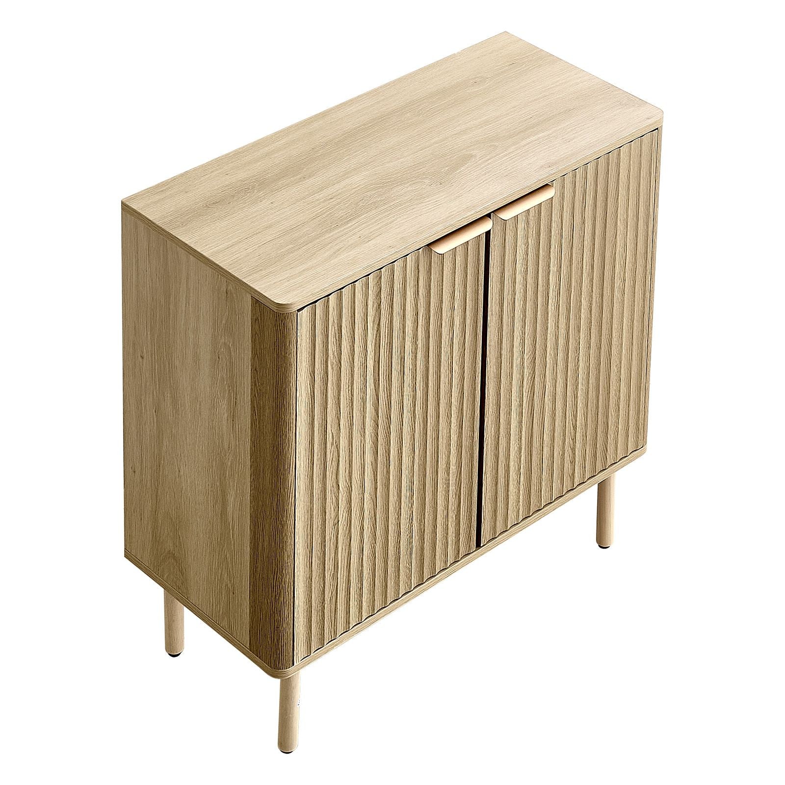 Coffee Bar Cabinet, Mid Century Fluted Coffee Bar Table with 2-Tier Storage, Buffet Stand Cabinet with 2 Barn Door, Sideboard Buffet Station for Living Room, Entryway, 31.5 x 14.7 x 31.5 in, Oak