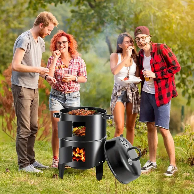 16" 3-Tier Portable Charcoal Smoker Grill with Easy Temperature Control - Black Vertical Grill for Camping, Outdoor Cooking and Backyard Parties