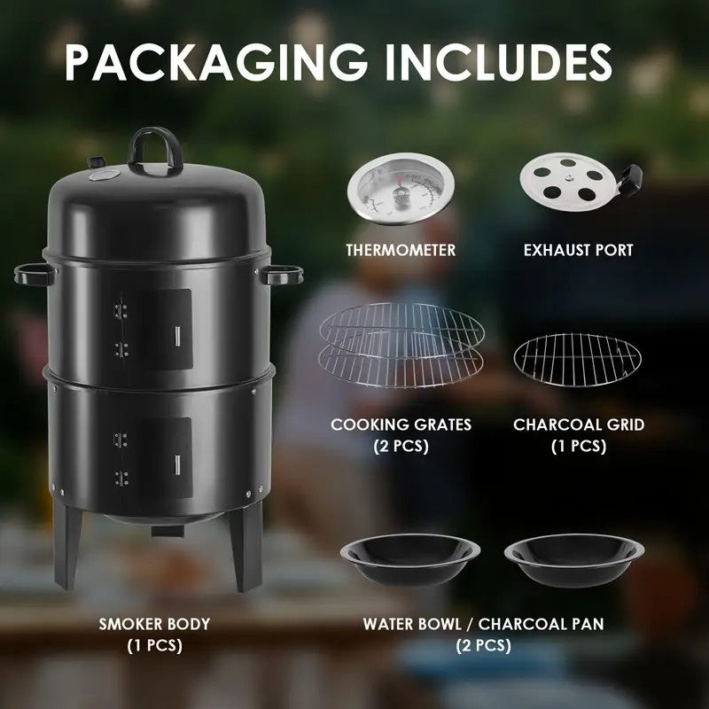 16" 3-Tier Portable Charcoal Smoker Grill with Easy Temperature Control - Black Vertical Grill for Camping, Outdoor Cooking and Backyard Parties