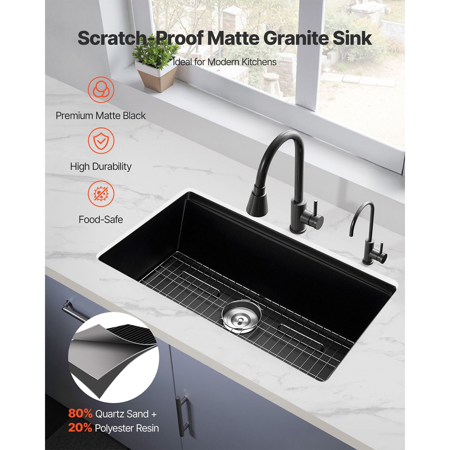 33 inch Kitchen Sink Workstation, Undermount Granite Sink, Drop-In Single Bowl Farmhouse Basin with Multiple Accessories, Household Dishwasher Sinks for RV, Prep Kitchen, and Bar (Black)