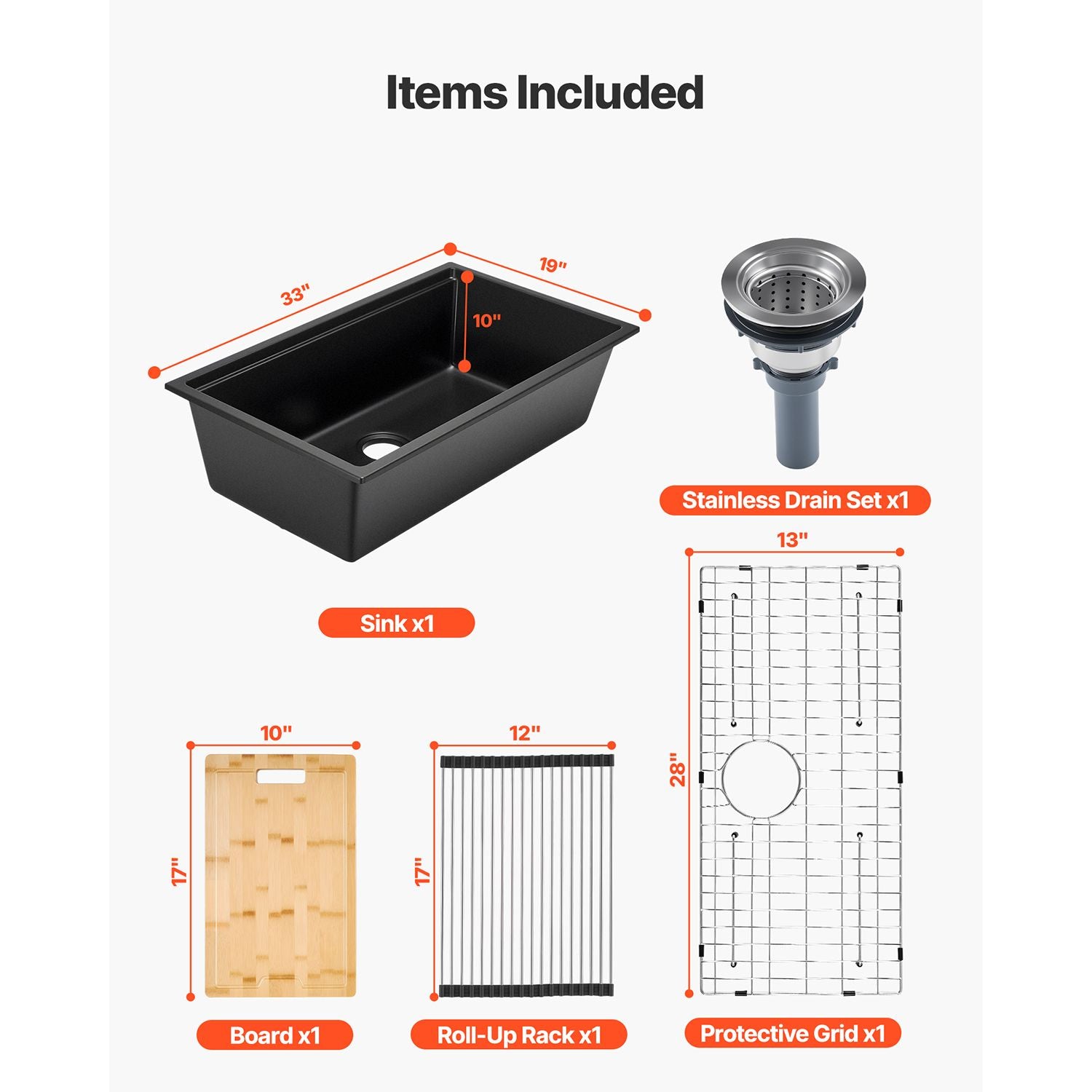 33 inch Kitchen Sink Workstation, Undermount Granite Sink, Drop-In Single Bowl Farmhouse Basin with Multiple Accessories, Household Dishwasher Sinks for RV, Prep Kitchen, and Bar (Black)
