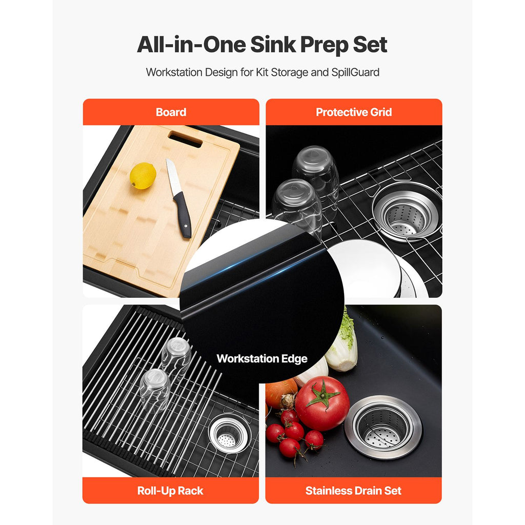 33 inch Kitchen Sink Workstation, Undermount Granite Sink, Drop-In Single Bowl Farmhouse Basin with Multiple Accessories, Household Dishwasher Sinks for RV, Prep Kitchen, and Bar (Black)
