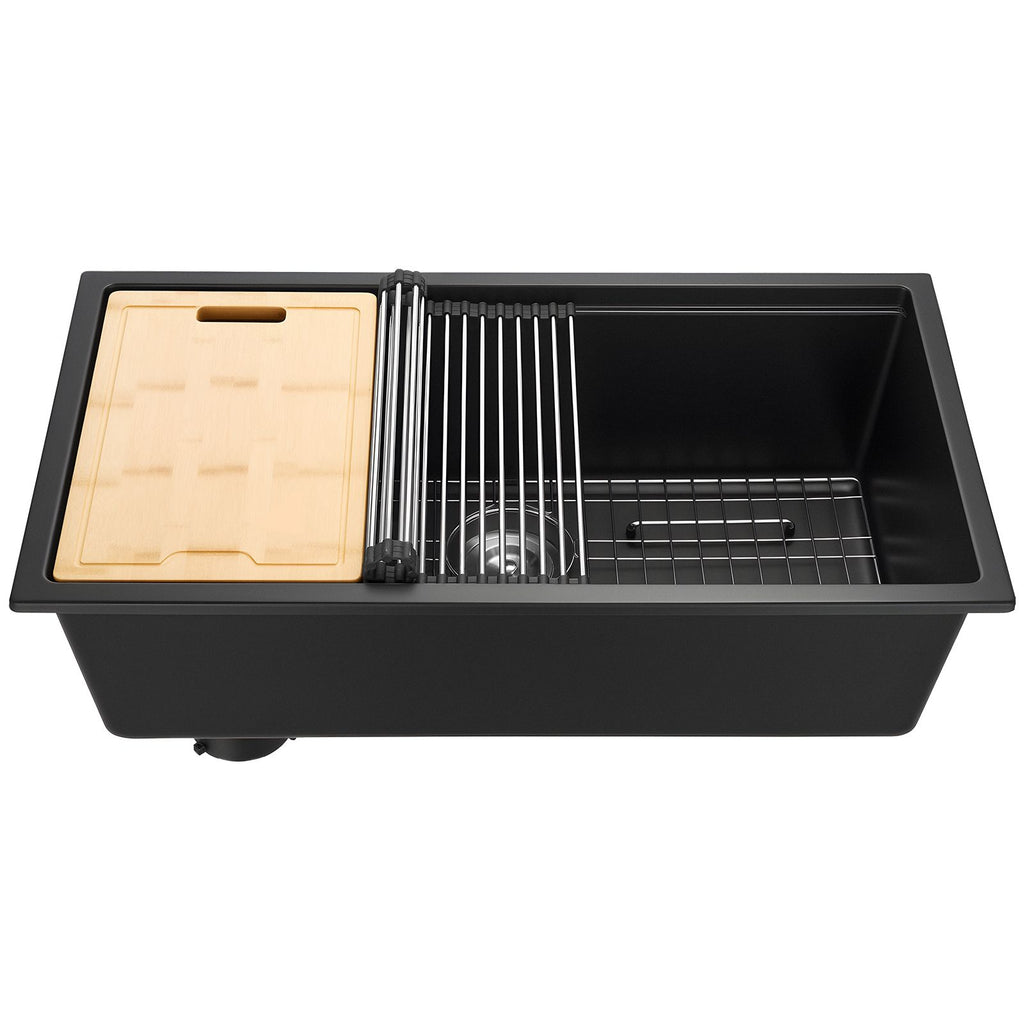 33 inch Kitchen Sink Workstation, Undermount Granite Sink, Drop-In Single Bowl Farmhouse Basin with Multiple Accessories, Household Dishwasher Sinks for RV, Prep Kitchen, and Bar (Black)