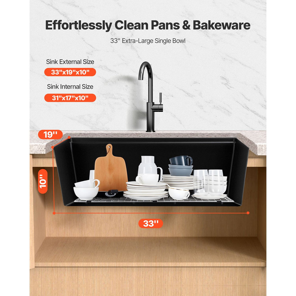 33 inch Kitchen Sink Workstation, Undermount Granite Sink, Drop-In Single Bowl Farmhouse Basin with Multiple Accessories, Household Dishwasher Sinks for RV, Prep Kitchen, and Bar (Black)
