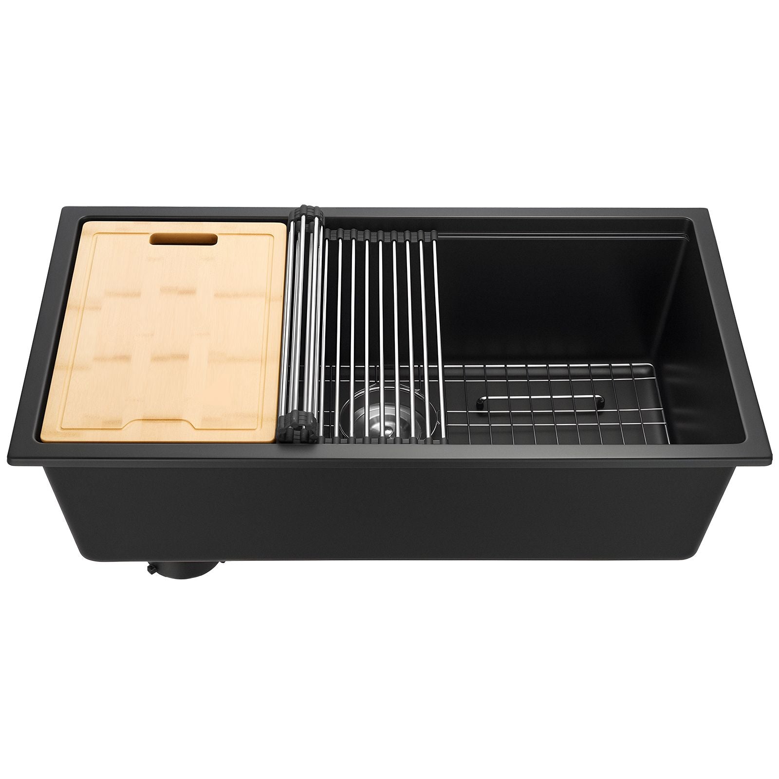 33 inch Kitchen Sink Workstation, Undermount Granite Sink, Drop-In Single Bowl Farmhouse Basin with Multiple Accessories, Household Dishwasher Sinks for RV, Prep Kitchen, and Bar (Black)