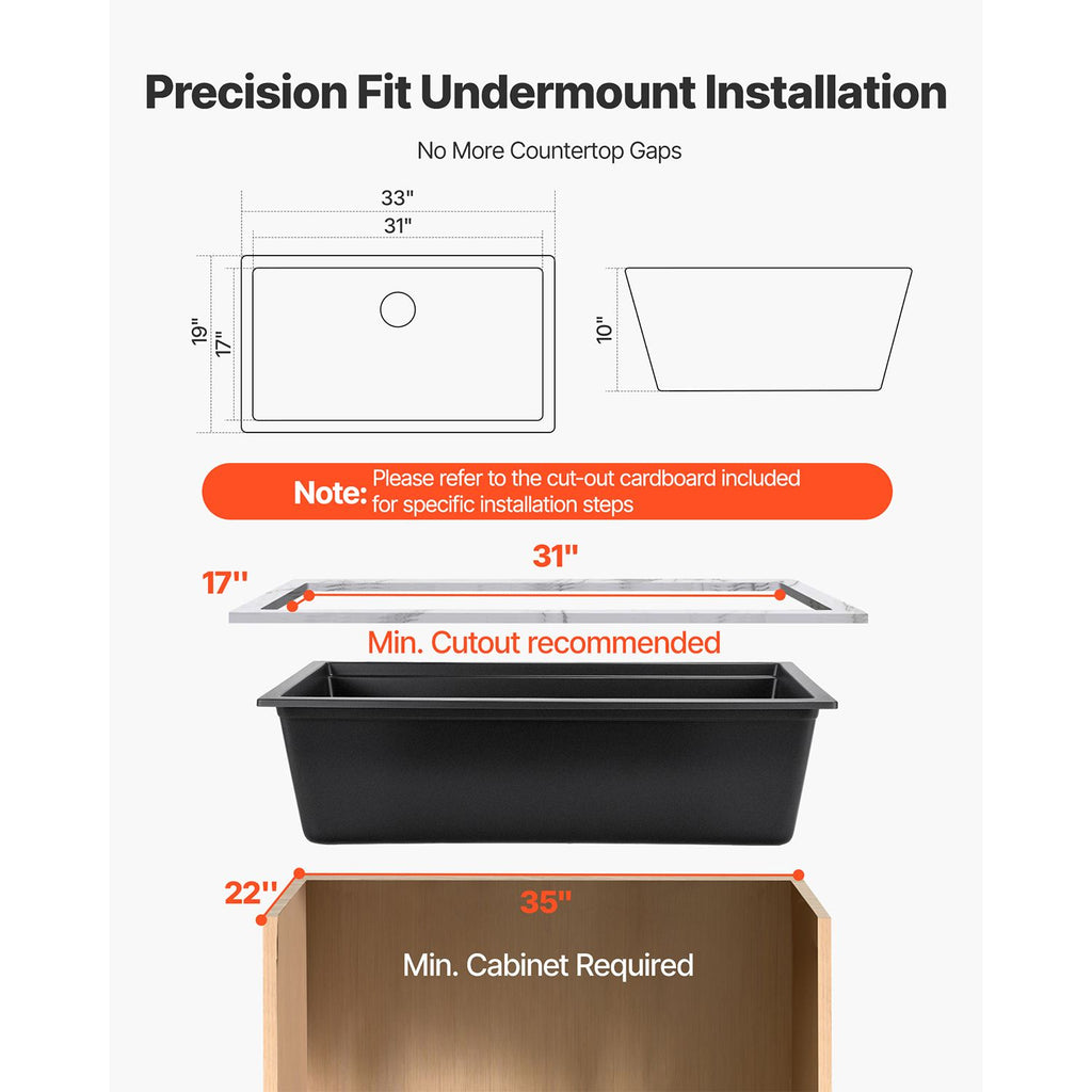 33 inch Kitchen Sink Workstation, Undermount Granite Sink, Drop-In Single Bowl Farmhouse Basin with Multiple Accessories, Household Dishwasher Sinks for RV, Prep Kitchen, and Bar (Black)