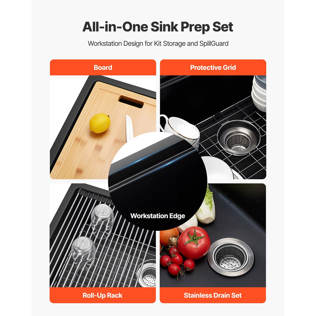 30 inch Kitchen Sink Workstation, Undermount Granite Sink, Drop-In Single Bowl Farmhouse Basin with Multiple Accessories, Household Dishwasher Sinks for RV, Prep Kitchen, and Bar (Black)