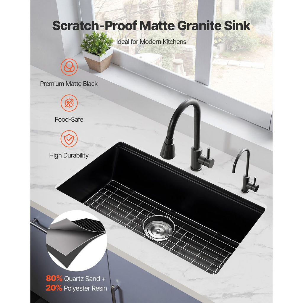 30 inch Kitchen Sink Workstation, Undermount Granite Sink, Drop-In Single Bowl Farmhouse Basin with Multiple Accessories, Household Dishwasher Sinks for RV, Prep Kitchen, and Bar (Black)