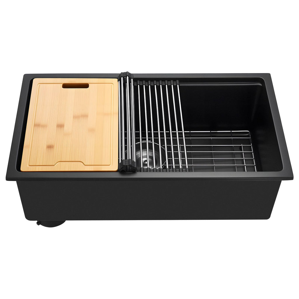 30 inch Kitchen Sink Workstation, Undermount Granite Sink, Drop-In Single Bowl Farmhouse Basin with Multiple Accessories, Household Dishwasher Sinks for RV, Prep Kitchen, and Bar (Black)