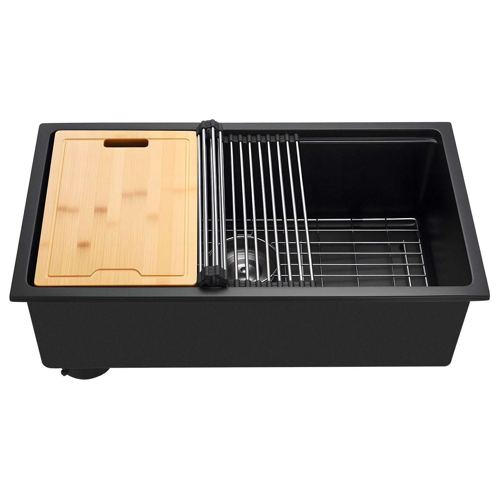 30 inch Kitchen Sink Workstation, Undermount Granite Sink, Drop-In Single Bowl Farmhouse Basin with Multiple Accessories, Household Dishwasher Sinks for RV, Prep Kitchen, and Bar (Black)