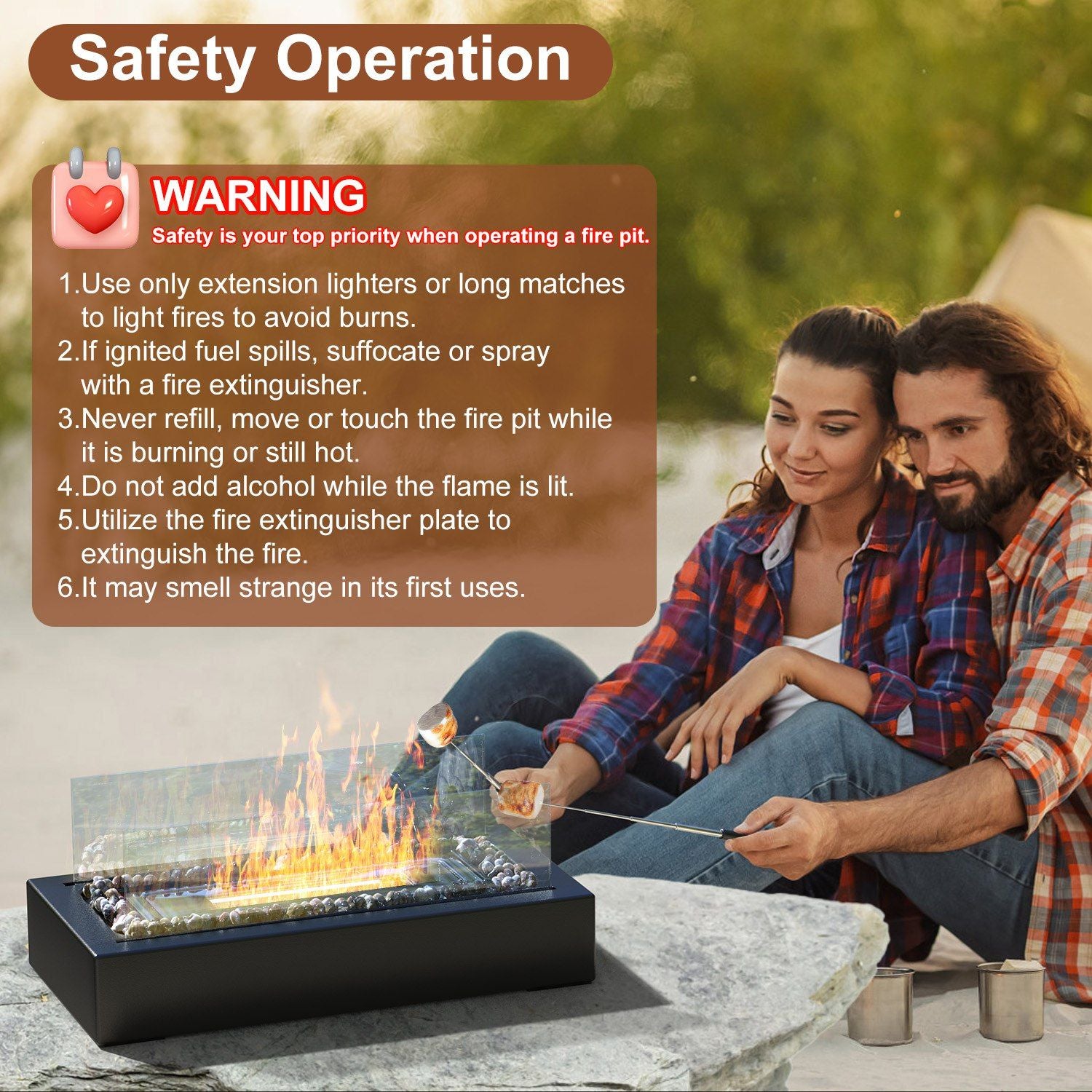 Portable Tabletop Fire Pit with Roasting Sticks - Indoor Outdoor Ethanol Fireplace for Christmas, Party, Wedding, Patio, Backyard, Balcony Decor