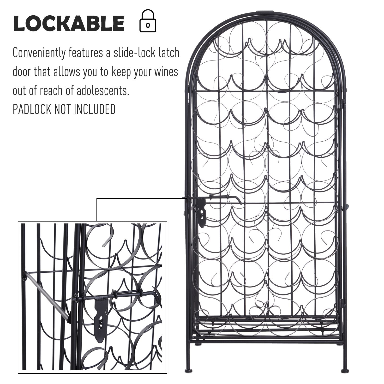 35 Bottle Wrought Iron Wine Rack Cabinet with Lock, Black