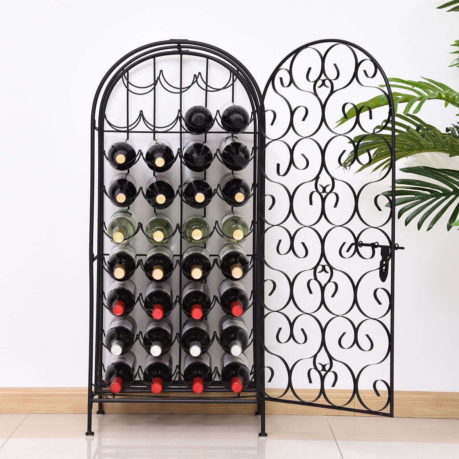 35 Bottle Wrought Iron Wine Rack Cabinet with Lock, Black
