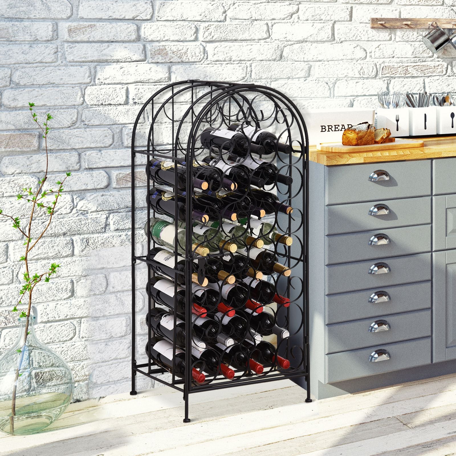 35 Bottle Wrought Iron Wine Rack Cabinet with Lock, Black