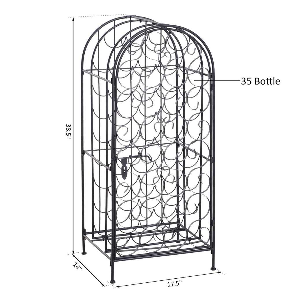 35 Bottle Wrought Iron Wine Rack Cabinet with Lock, Black