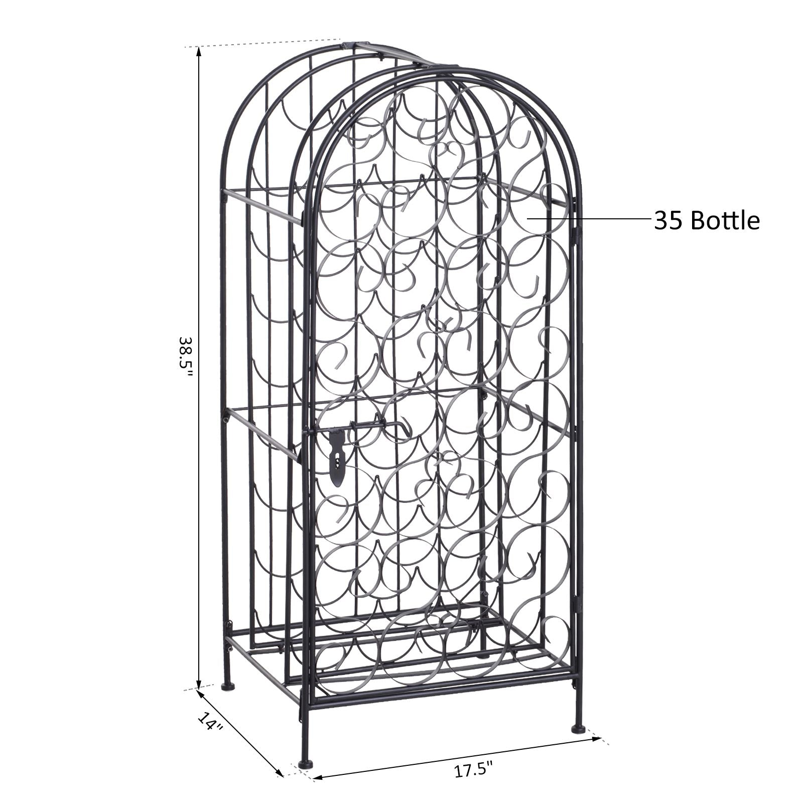 35 Bottle Wrought Iron Wine Rack Cabinet with Lock, Black