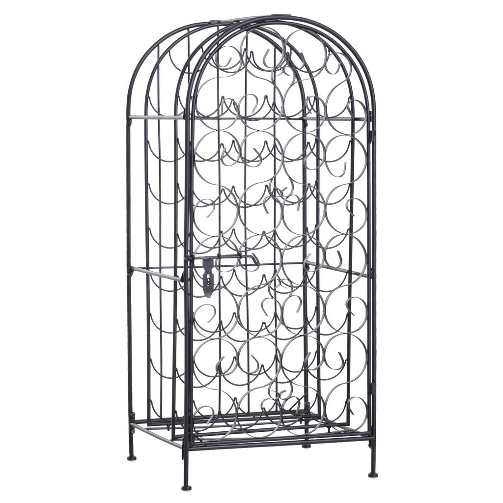35 Bottle Wrought Iron Wine Rack Cabinet with Lock, Black
