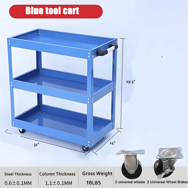 Upgrade 3-Tier Rolling Tool Cart with Lockable Wheels, Heavy Duty Steel Utility Cart, Kitchen Cart Organizer, Workshop Rolling Serving Cart for Garage, Warehouse, Blue