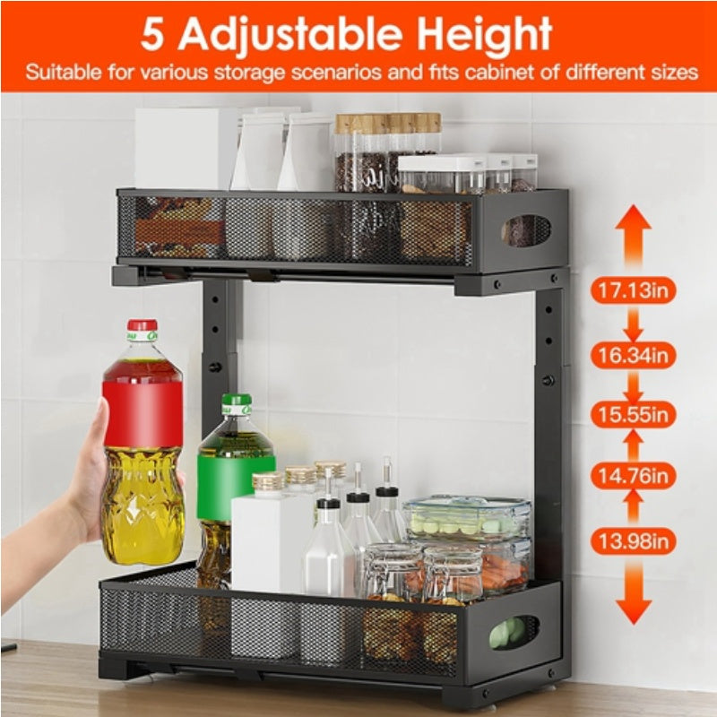 2Pcs Under Sink Organizer 2 Tier Pull Out Cabinet Baskets Storage Shelf Sliding Storage Drawers Rack with 5 Adjustable Height Mesh Baskets for Home Kitchen Bathroom Office