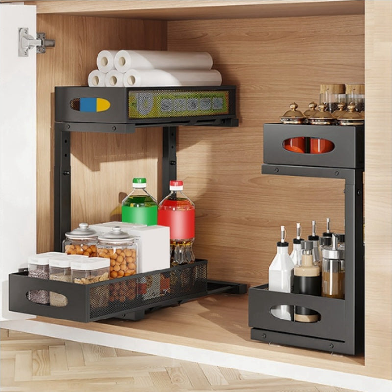 2Pcs Under Sink Organizer 2 Tier Pull Out Cabinet Baskets Storage Shelf Sliding Storage Drawers Rack with 5 Adjustable Height Mesh Baskets for Home Kitchen Bathroom Office