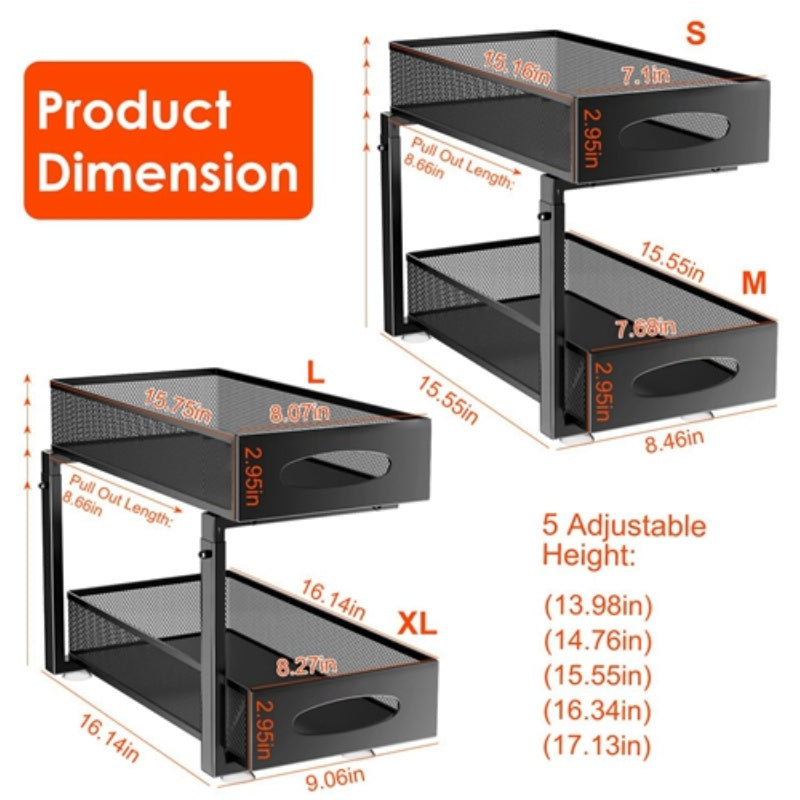2Pcs Under Sink Organizer 2 Tier Pull Out Cabinet Baskets Storage Shelf Sliding Storage Drawers Rack with 5 Adjustable Height Mesh Baskets for Home Kitchen Bathroom Office