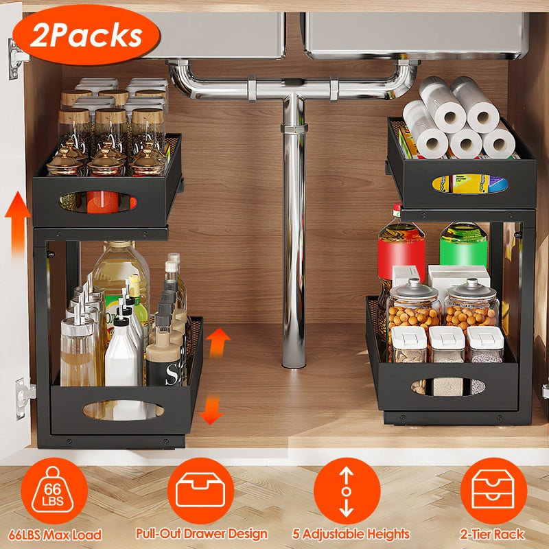 2Pcs Under Sink Organizer 2 Tier Pull Out Cabinet Baskets Storage Shelf Sliding Storage Drawers Rack with 5 Adjustable Height Mesh Baskets for Home Kitchen Bathroom Office