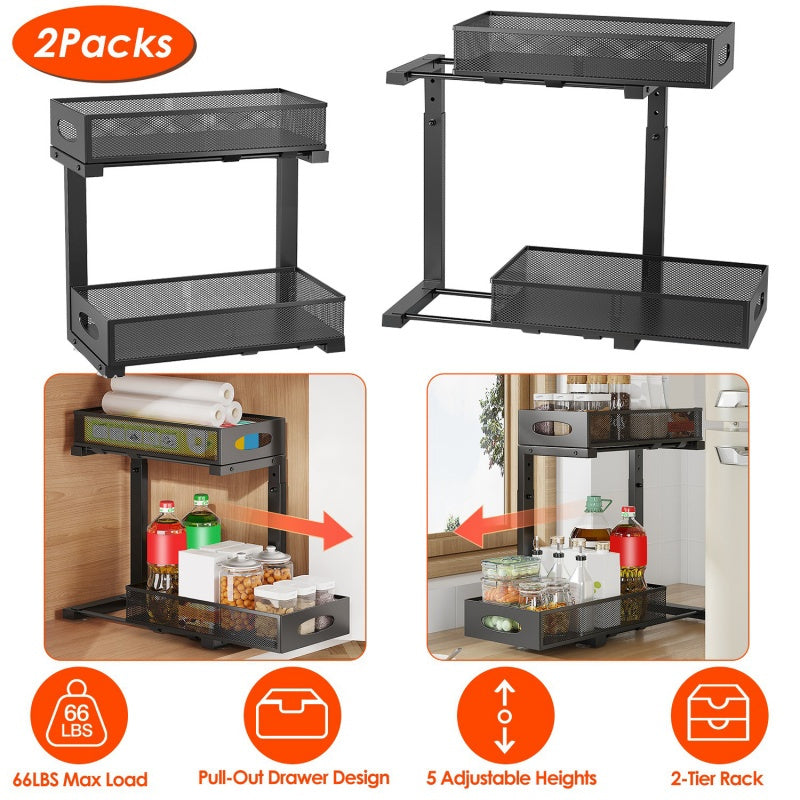 2Pcs Under Sink Organizer 2 Tier Pull Out Cabinet Baskets Storage Shelf Sliding Storage Drawers Rack with 5 Adjustable Height Mesh Baskets for Home Kitchen Bathroom Office