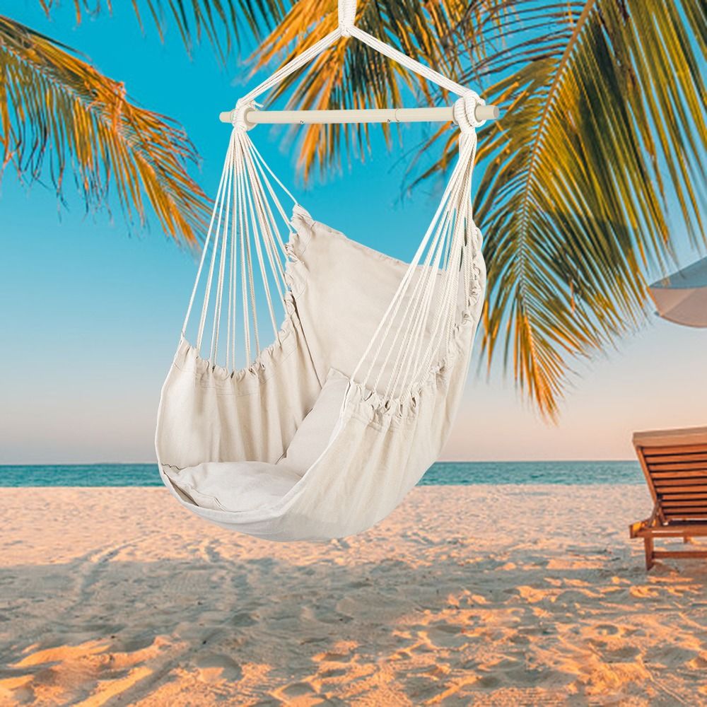 Outdoor Hanging Chair with Beige Pillow - Galvanized Pipe Frame Garden Hammock 51.18x39.37 Inch for Patio Balcony Backyard Relaxation