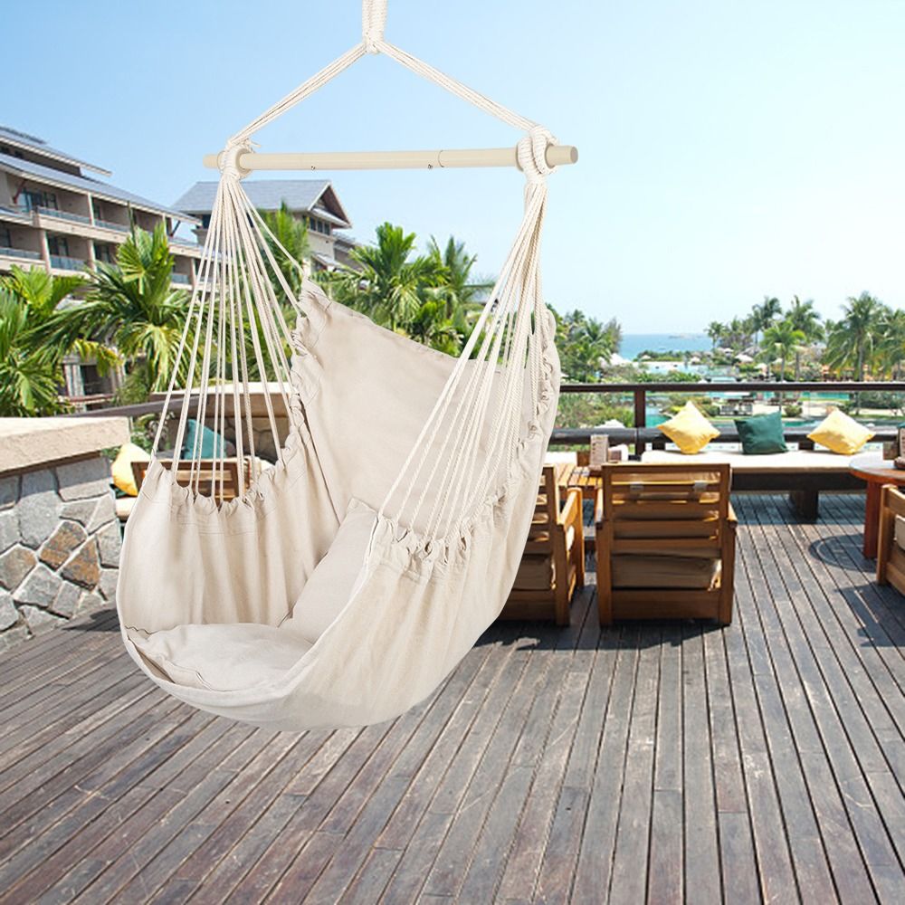 Outdoor Hanging Chair with Beige Pillow - Galvanized Pipe Frame Garden Hammock 51.18x39.37 Inch for Patio Balcony Backyard Relaxation