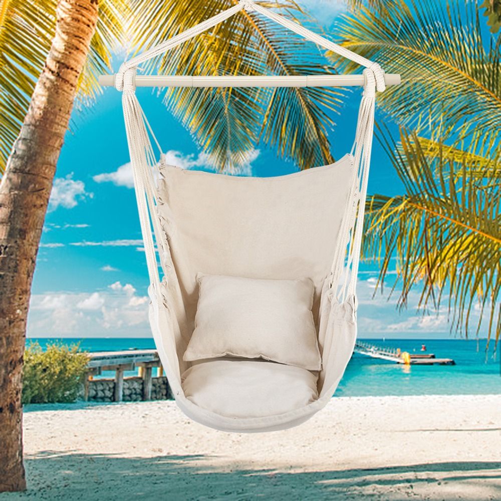 Outdoor Hanging Chair with Beige Pillow - Galvanized Pipe Frame Garden Hammock 51.18x39.37 Inch for Patio Balcony Backyard Relaxation