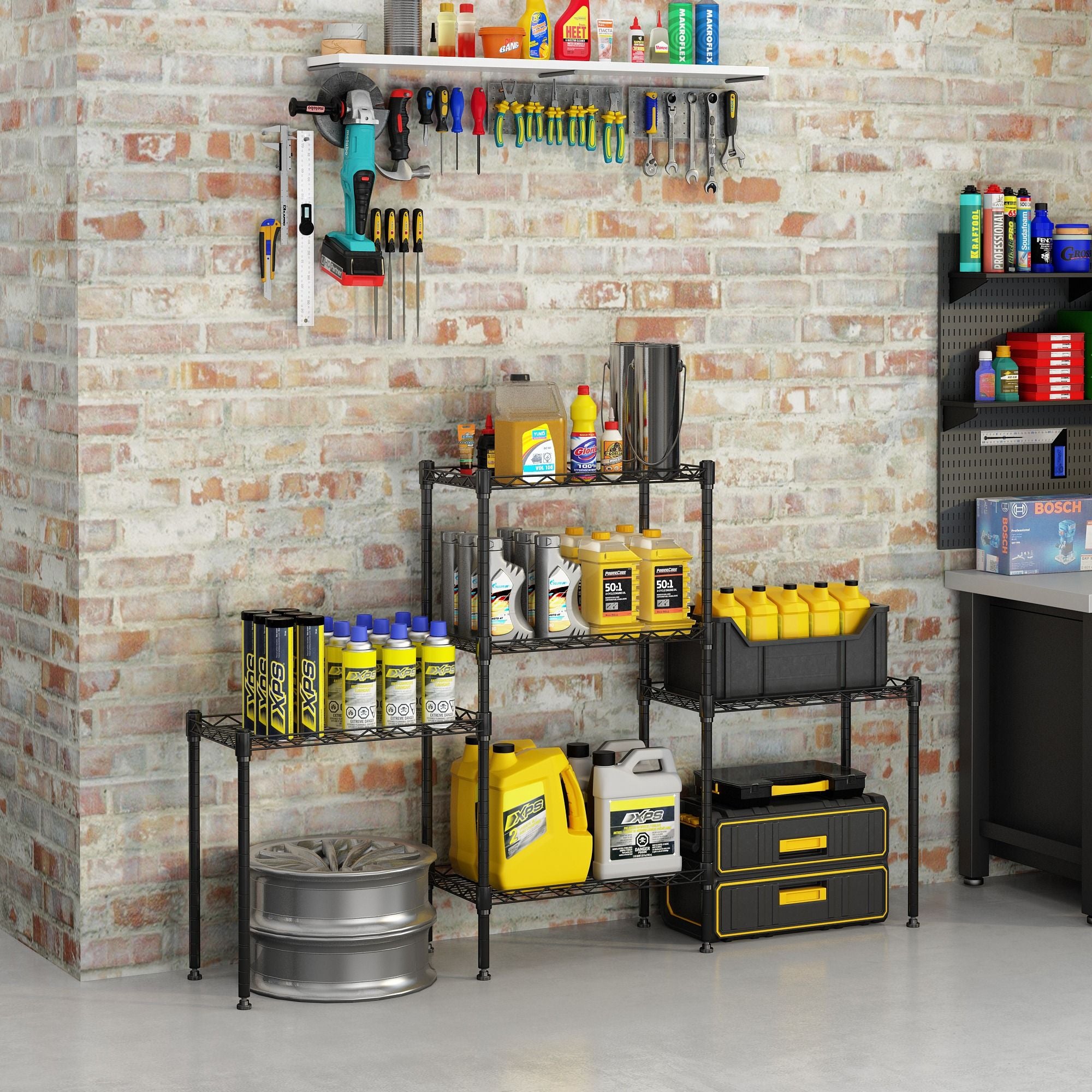 Adjustable Modular Metal Shelving Unit Heavy Duty Kitchen Storage Rack Organizer Microwave Shelf Black Space Saving for Home Garage Pantry