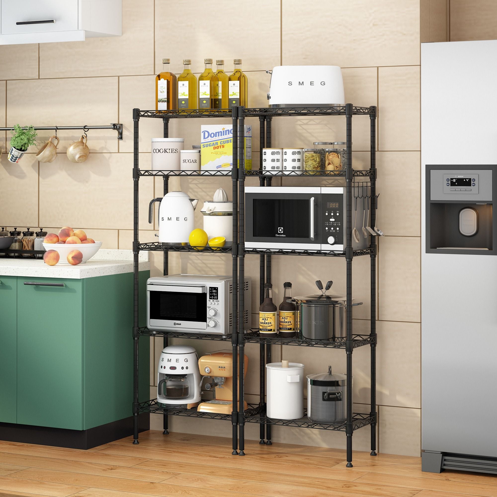 Adjustable Modular Metal Shelving Unit Heavy Duty Kitchen Storage Rack Organizer Microwave Shelf Black Space Saving for Home Garage Pantry