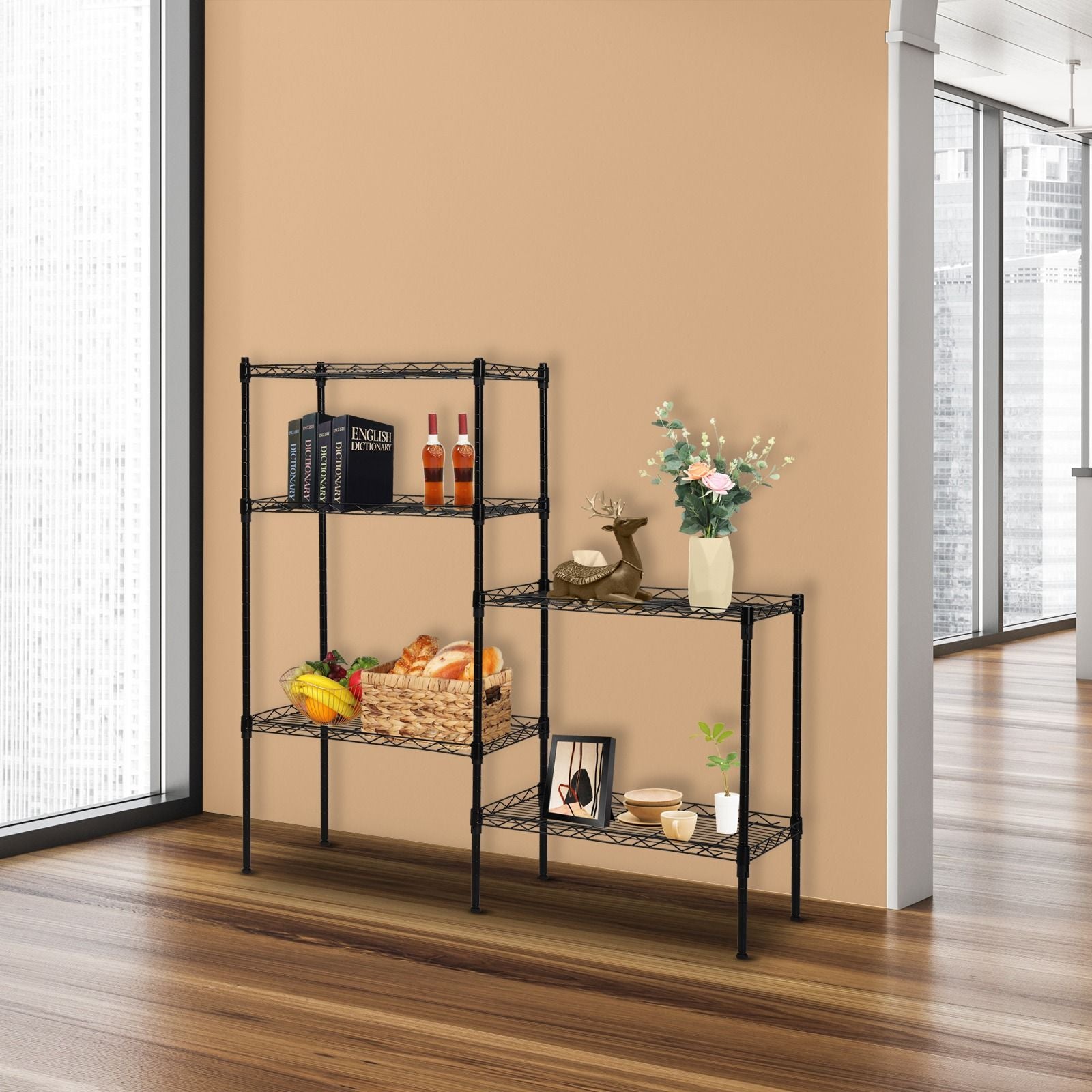 Adjustable Modular Metal Shelving Unit Heavy Duty Kitchen Storage Rack Organizer Microwave Shelf Black Space Saving for Home Garage Pantry