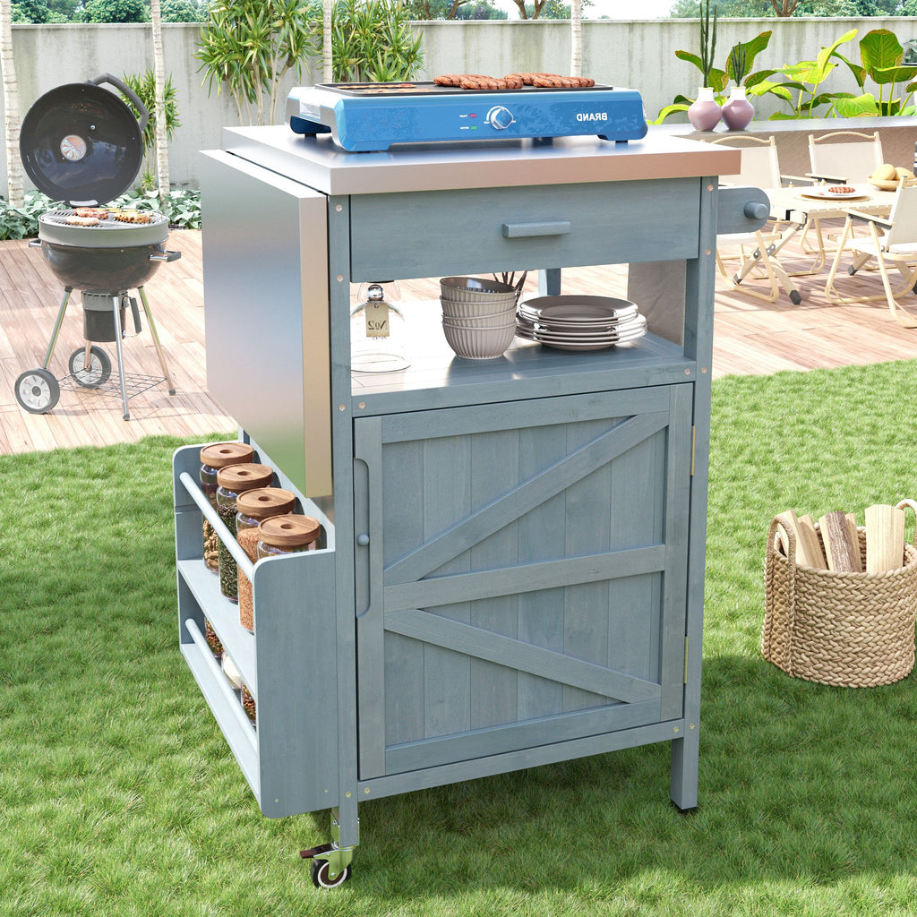 40.5" Outdoor Grill Cart with Stainless Steel Top, Solid Wood Outdoor Storage Cabinet with Drop Leaf, One Drawer, Towel Rack, Rolling Kitchen Cart with Lockable Wheels for Lawn Garden