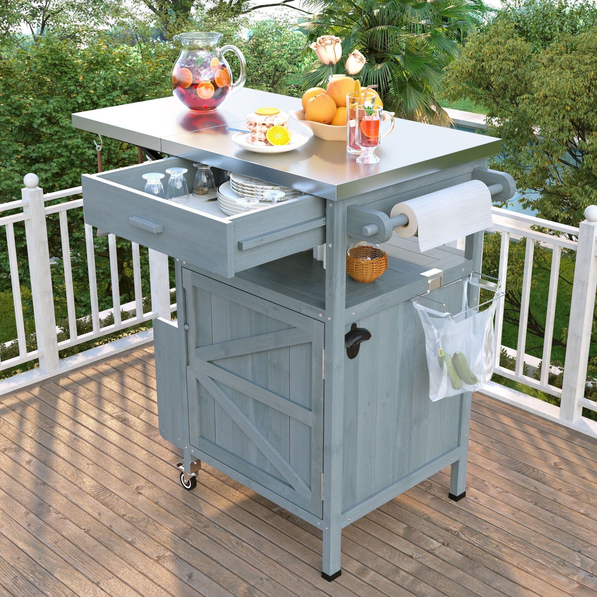 40.5" Outdoor Grill Cart with Stainless Steel Top, Solid Wood Outdoor Storage Cabinet with Drop Leaf, One Drawer, Towel Rack, Rolling Kitchen Cart with Lockable Wheels for Lawn Garden